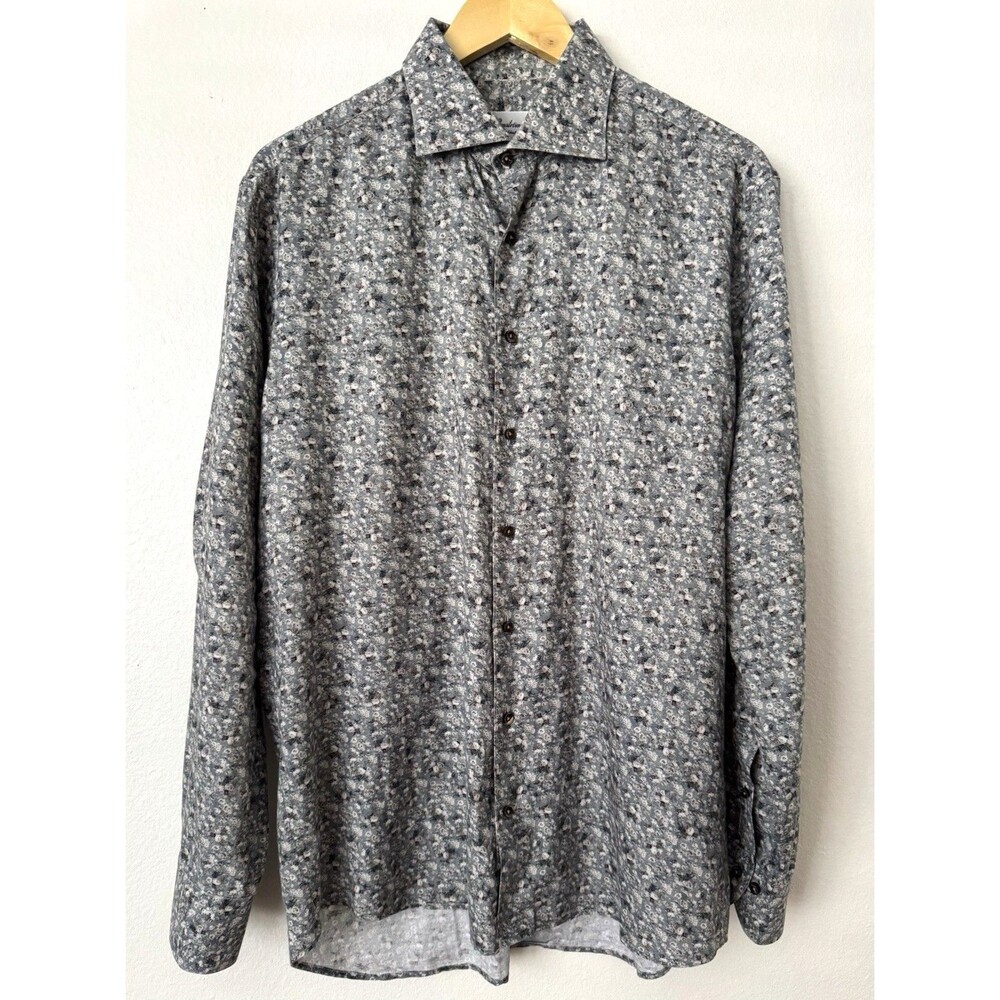Stenströms Fitted Body Shirt Mens 16.5 42 Floral Gray Blue Cotton Long Sleeve